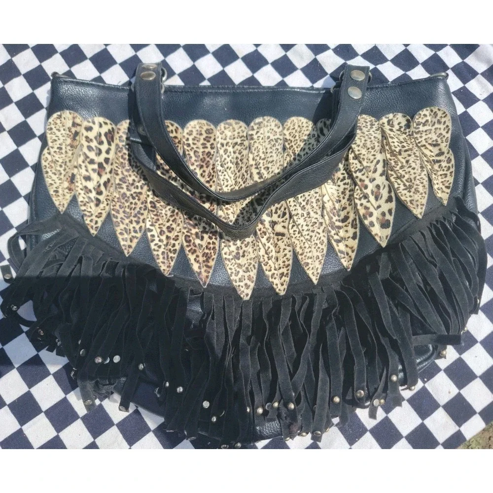 Black‎ Leopard Feather Fringe Hobo Shoulder Bag Boho Faux Leather Tote